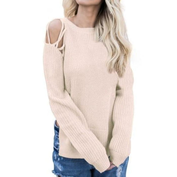 Beige Open Shoulder Sweater - Sweater