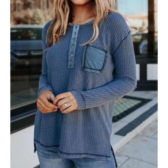 Blue Distressed Henley - Top