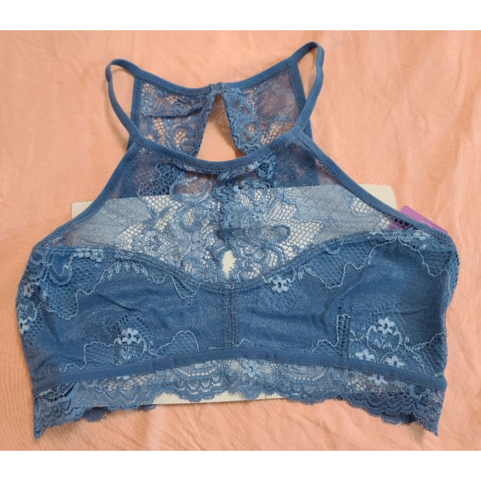 Blue High Neck Lace Bra - Bralette