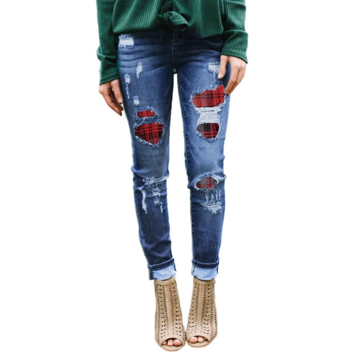 Buffalo Plaid Trim Jeans - Jeans