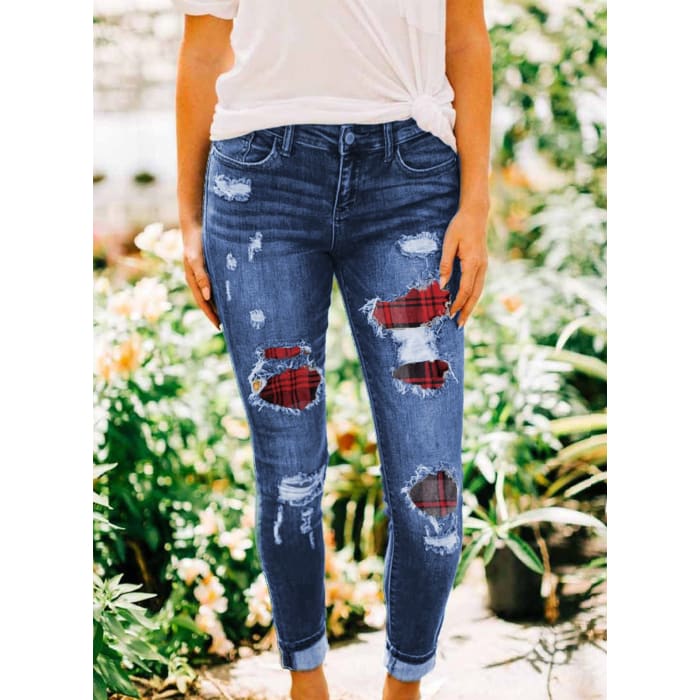 Buffalo Plaid Trim Jeans - Jeans
