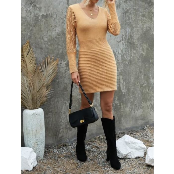 Camel Lace Sleeve Sweater Dress - Dresses