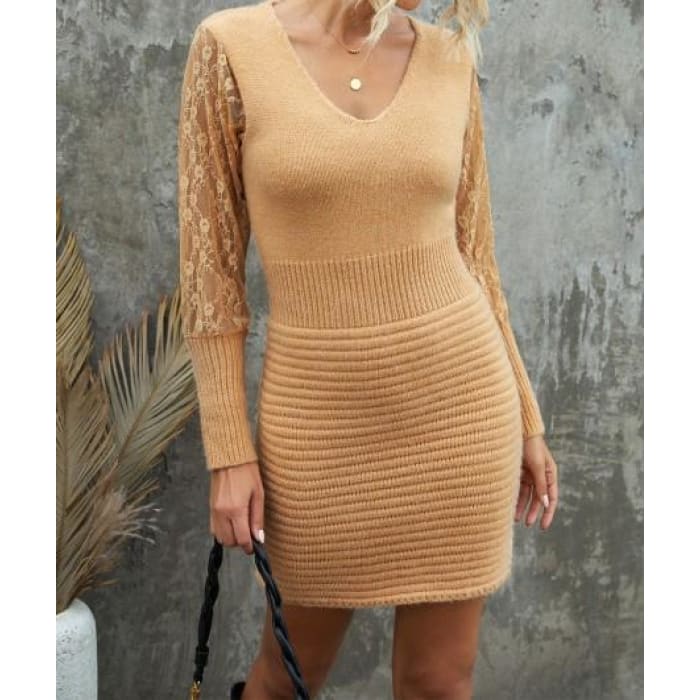 Camel Lace Sleeve Sweater Dress - Dresses
