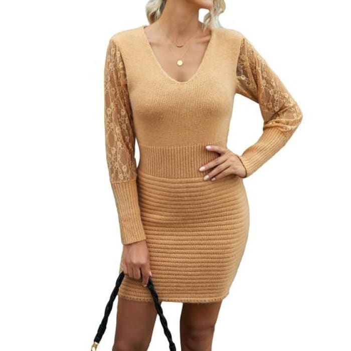 Camel Lace Sleeve Sweater Dress - Dresses