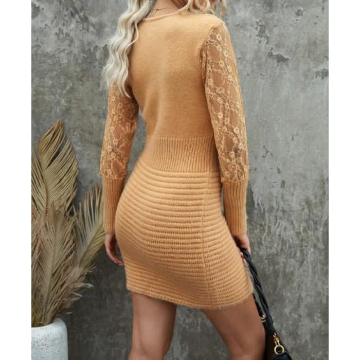 Camel Lace Sleeve Sweater Dress - Dresses