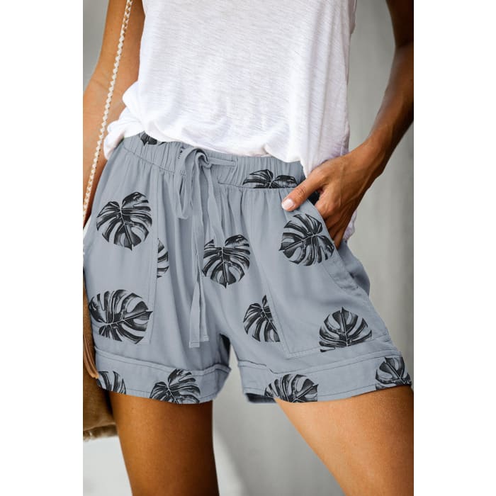 Gray Palm Leaf Drawstring Shorts - Shorts