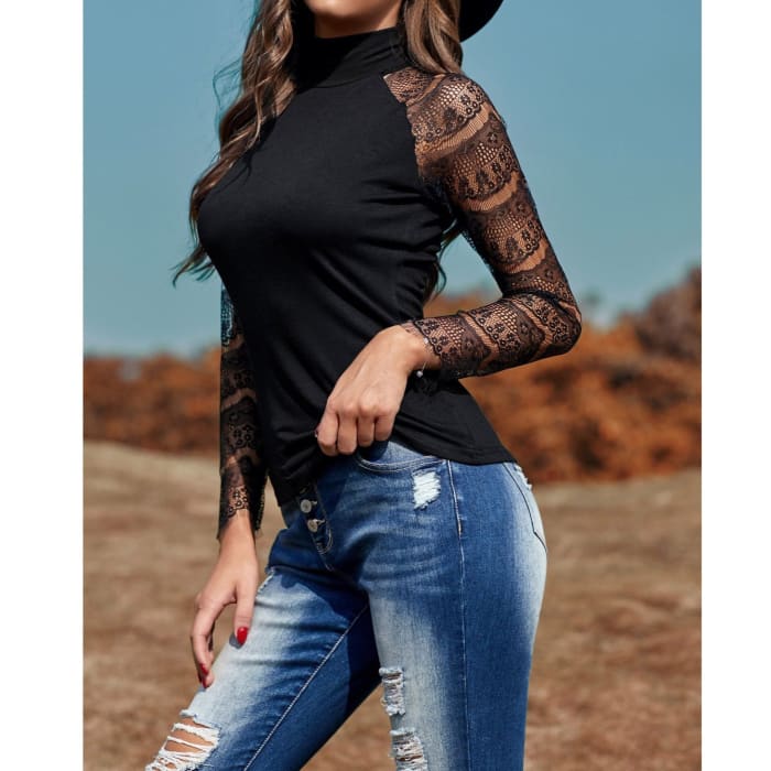 Lace Sleeve Mock Neck Top - Long Sleeve Tee