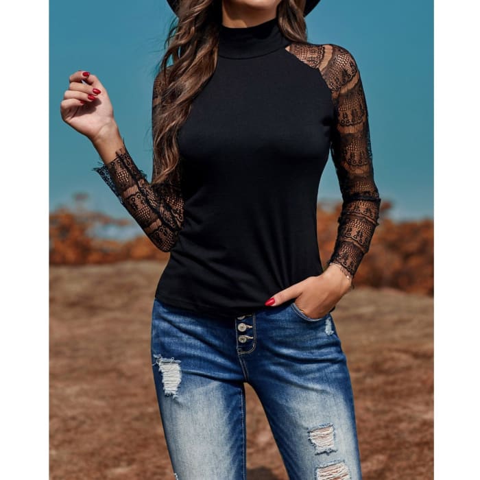 Lace Sleeve Mock Neck Top - Long Sleeve Tee