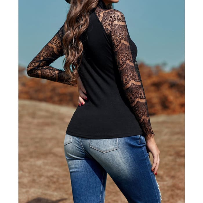 Lace Sleeve Mock Neck Top - Long Sleeve Tee