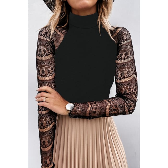 Lace Sleeve Mock Neck Top - Long Sleeve Tee