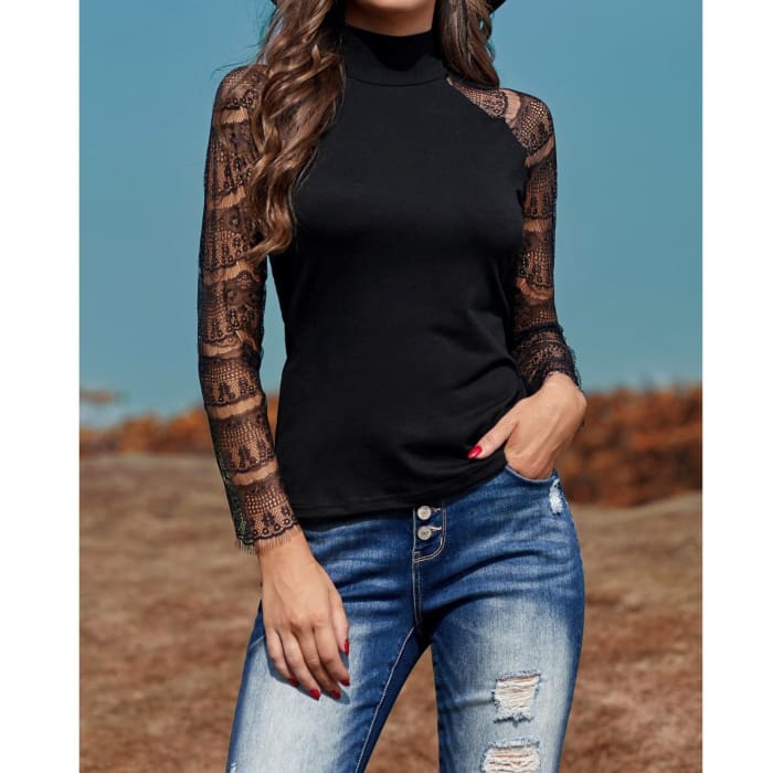 Lace Sleeve Mock Neck Top - Long Sleeve Tee