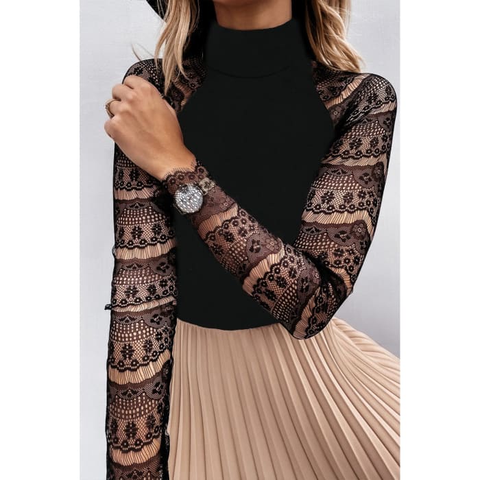 Lace Sleeve Mock Neck Top - Long Sleeve Tee