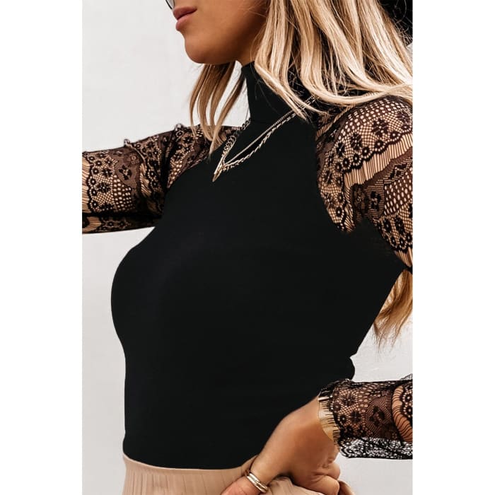Lace Sleeve Mock Neck Top - Long Sleeve Tee