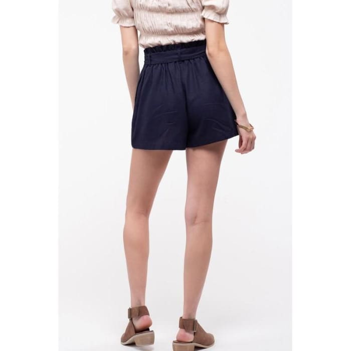 Navy Linen Blend Paper Bag Shorts - Shorts
