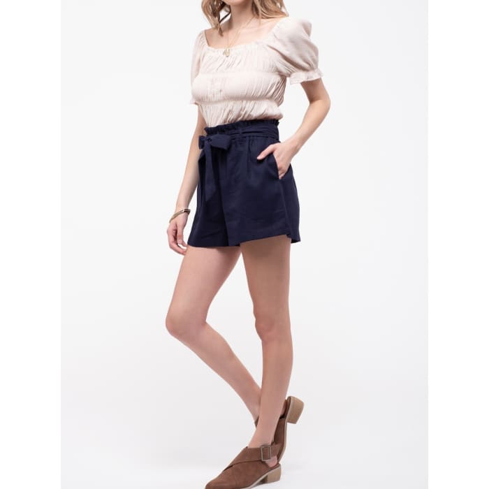 Navy Linen Blend Paper Bag Shorts - Shorts