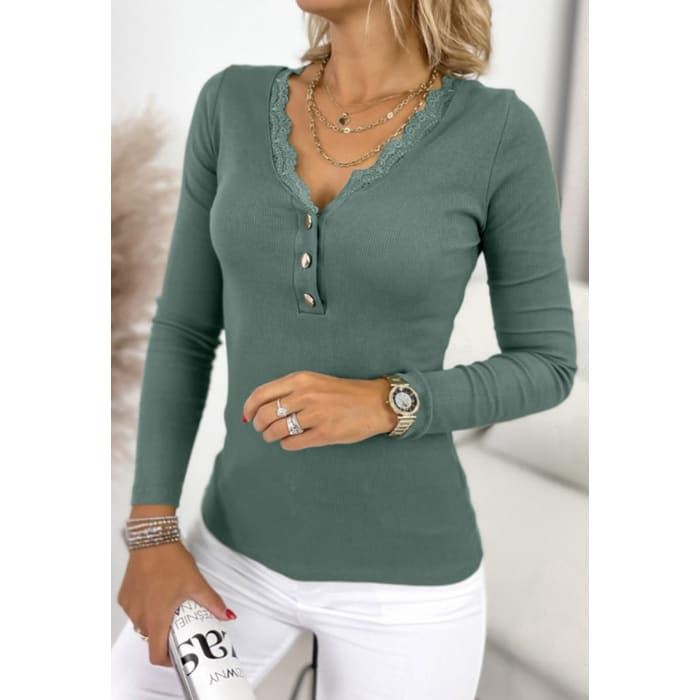 Olive Lace Trimmed Henley - Shirts & Tops