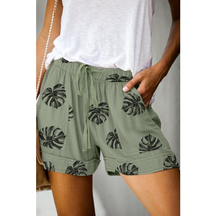 Sage Palm Leaf Drawstring Shorts - Shorts