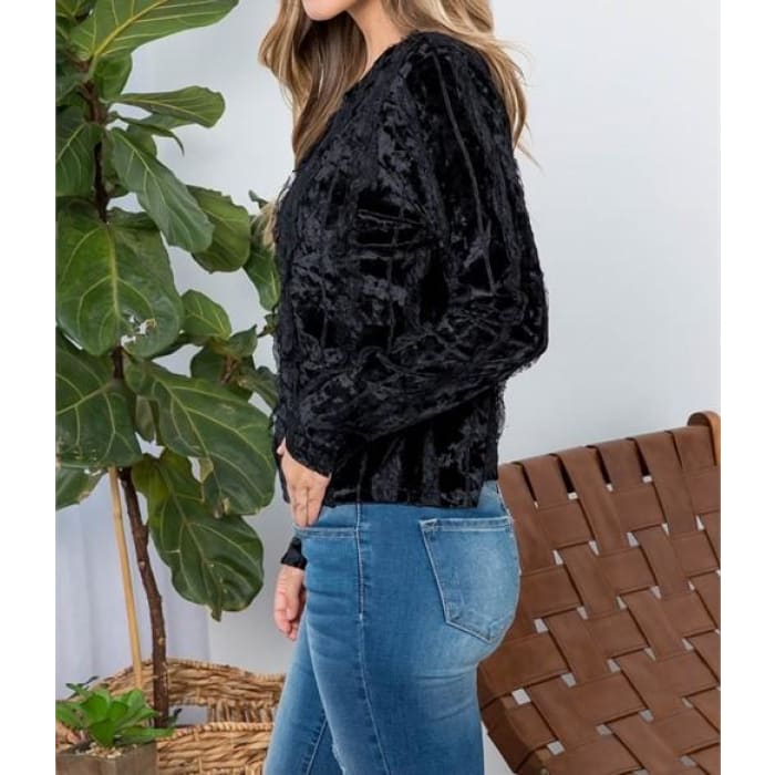 Black Crushed Velvet & Lace Top - Shirts & Tops