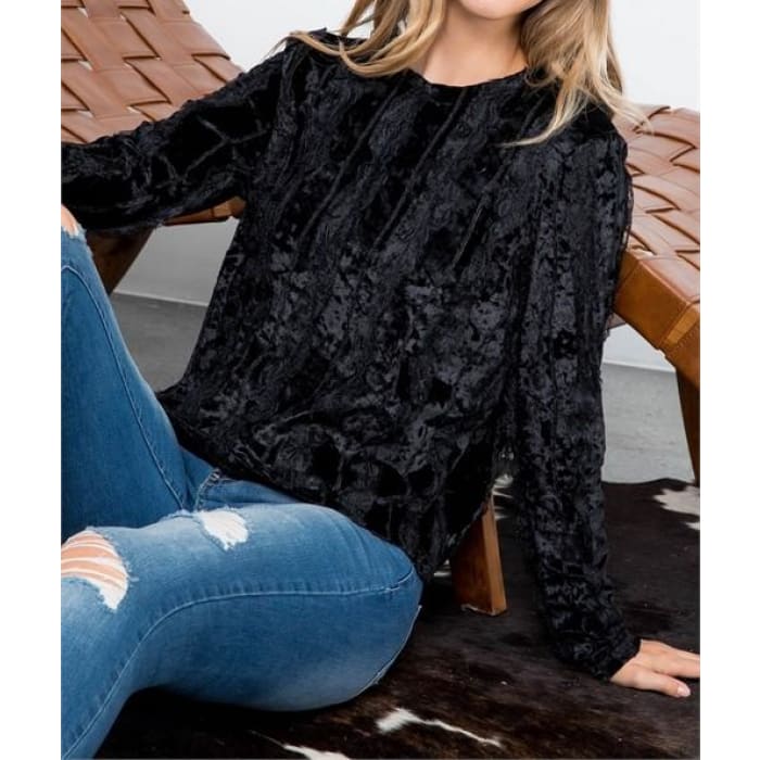 Black Crushed Velvet & Lace Top - Shirts & Tops
