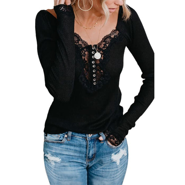 Black Lace Trimmed Henley - Shirts & Tops