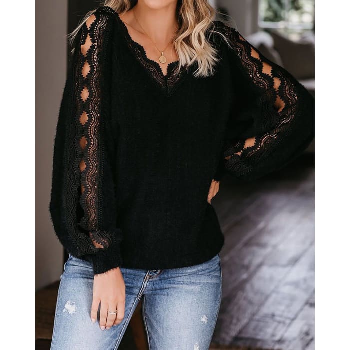 Black Open Lacework Soft Sweater - Sweater