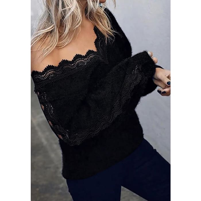 Black Open Lacework Soft Sweater - Sweater