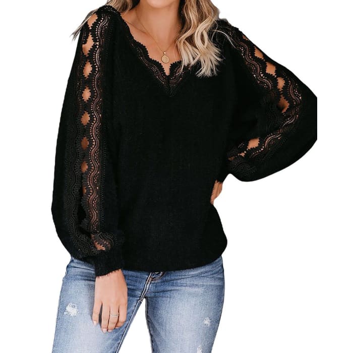 Black Open Lacework Soft Sweater - Sweater
