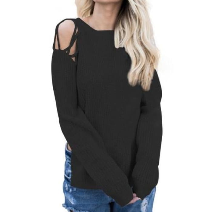 Black Open Shoulder Sweater - Sweater