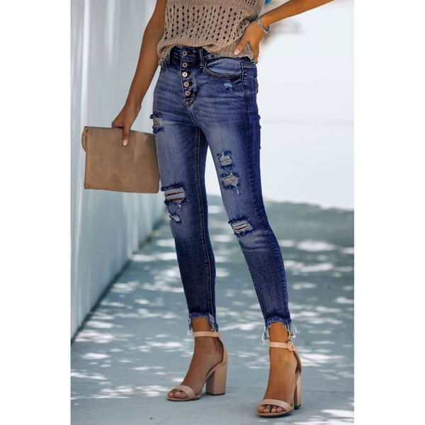 Button Fly Distressed Jeans - Jeans