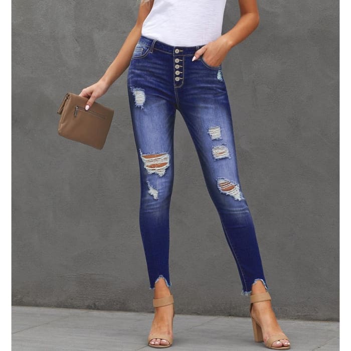 Button Fly Distressed Jeans - Jeans