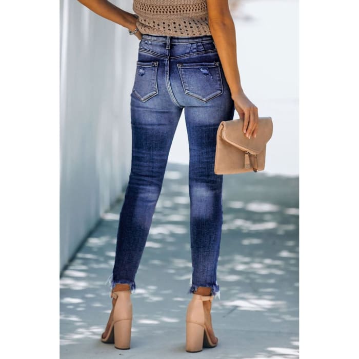 Button Fly Distressed Jeans - Jeans