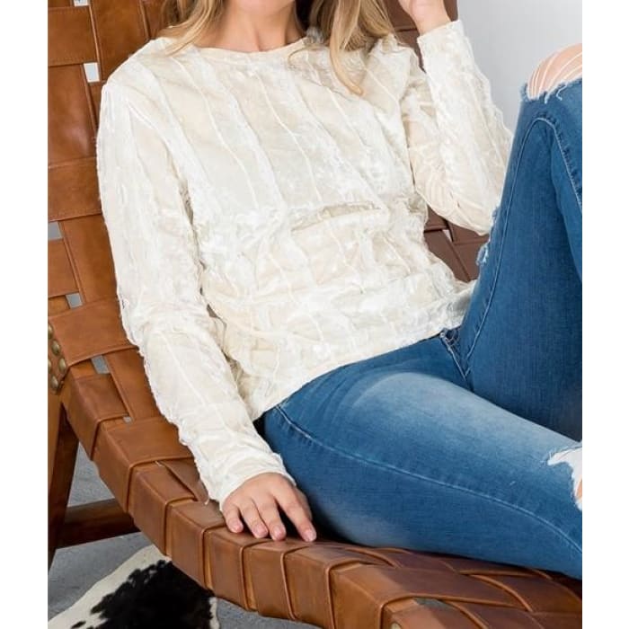 Cream Crushed Velvet & Lace Top - Shirts & Tops