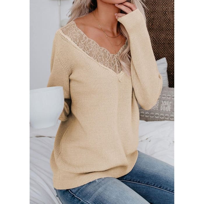 Cream Lace V-Neck Sweater - Sweater