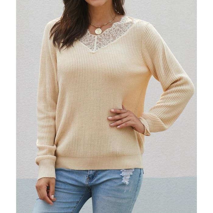 Cream Lace V-Neck Sweater - Sweater