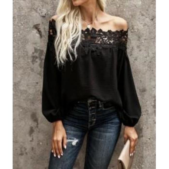 Crochet Neckline Top - Black - Top