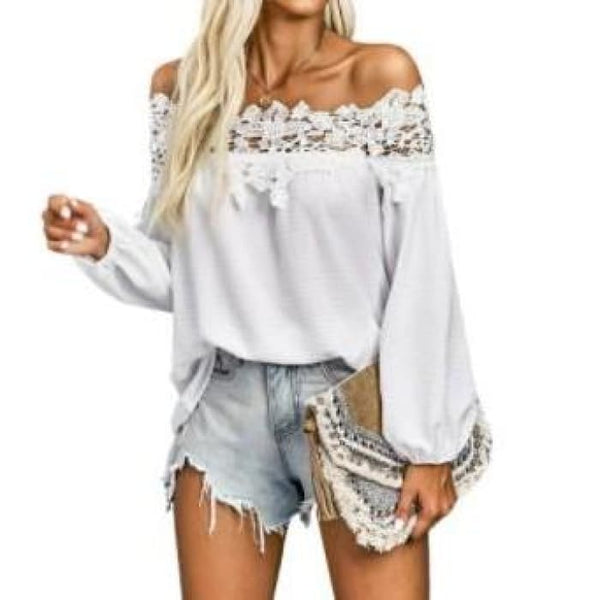 Crochet Neckline Top - White - Top