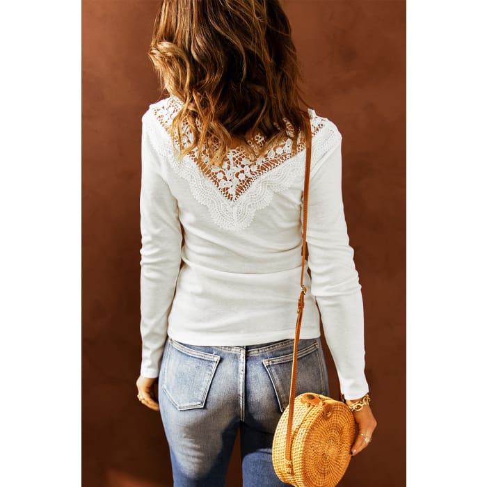 Double V-Neck Lace Trim Top - Shirts & Tops