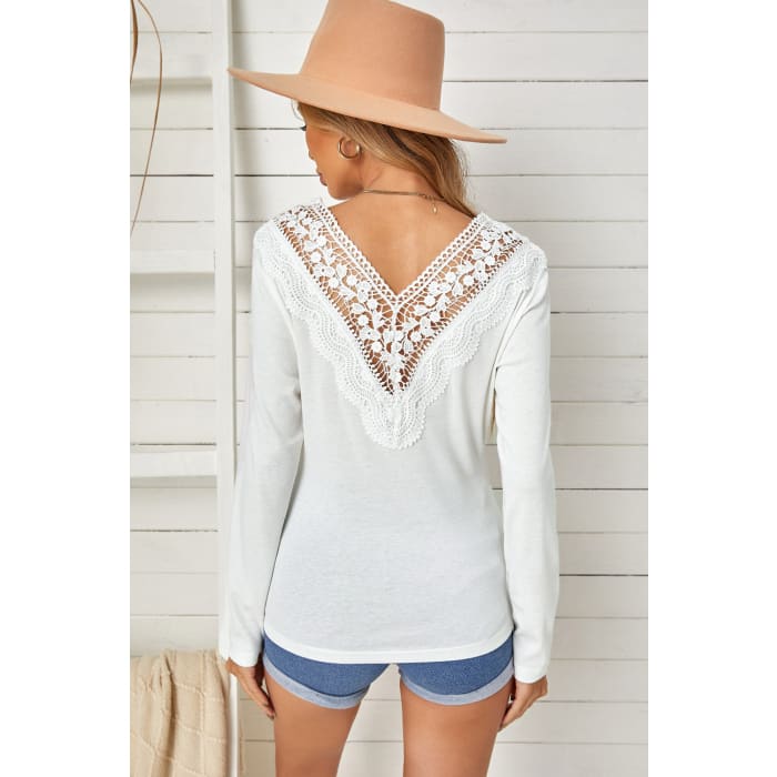 Double V-Neck Lace Trim Top - Shirts & Tops