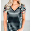 Floral Sleeve Striped Tee - Top