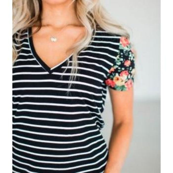 Floral Sleeve Striped Tee - Top
