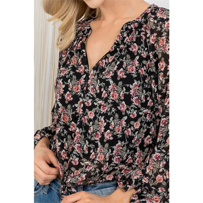 Floral Tie Front Blouse - Blouse