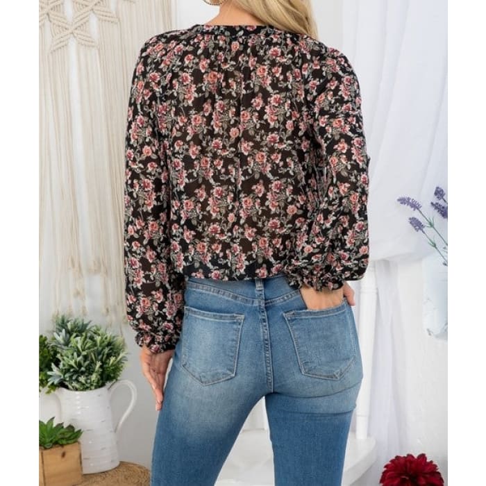 Floral Tie Front Blouse - Blouse