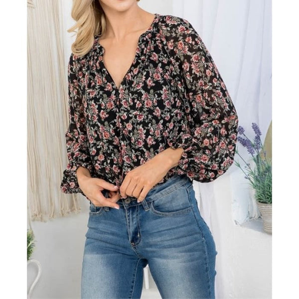 Floral Tie Front Blouse - Blouse