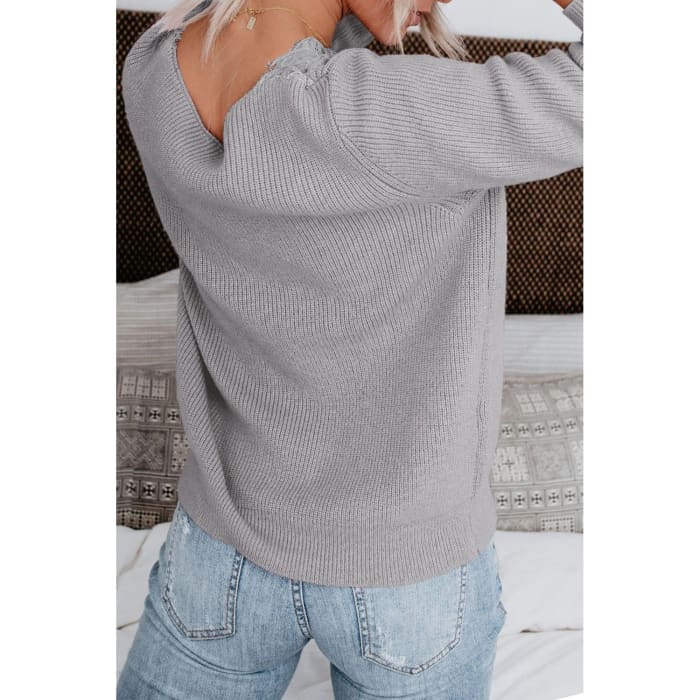 Gray Lace V-Neck Sweater - Sweater