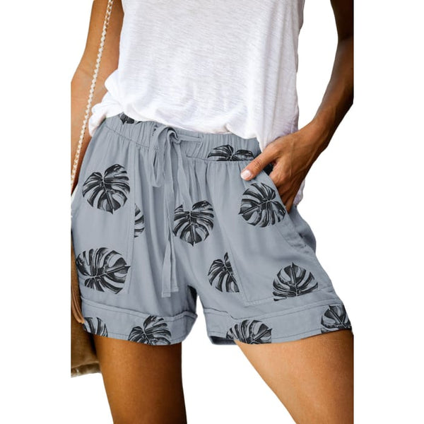 Gray Palm Leaf Drawstring Shorts - Shorts