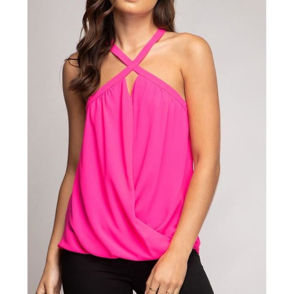 Hot Pink Cross Neck Top - Top