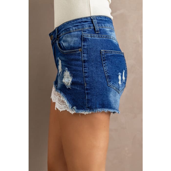 Lace Insert Denim Shorts - Shorts