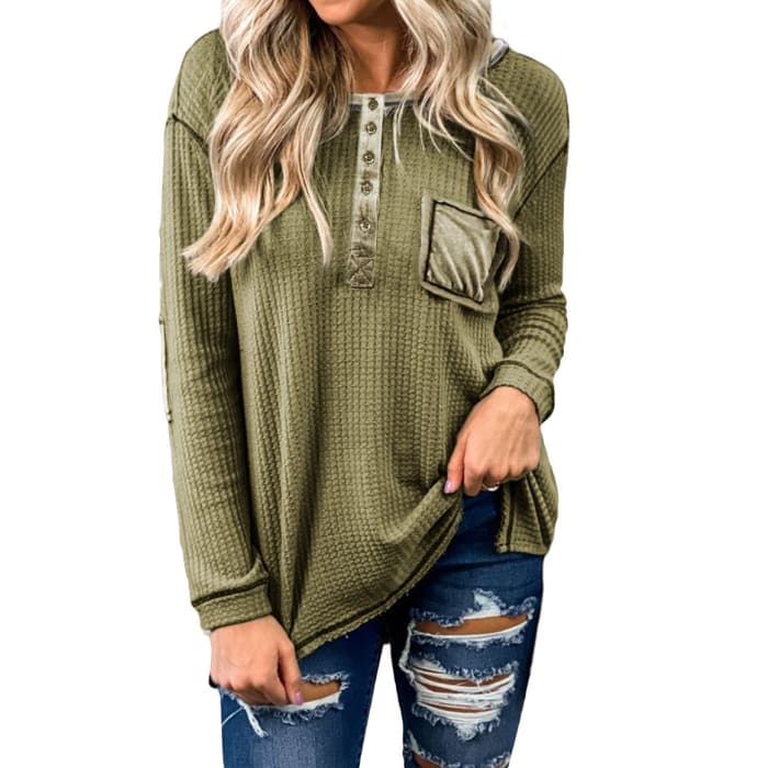 Olive Distressed Henley - Top