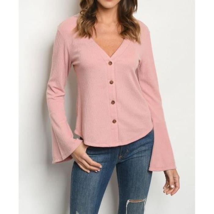 Pink Ribbed Bell Sleeve Top - Top