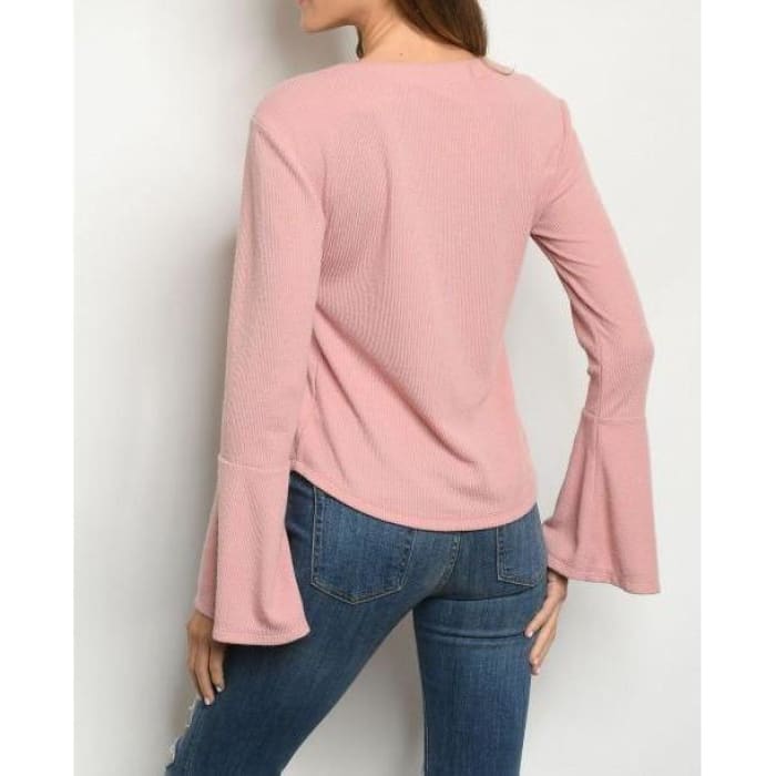 Pink Ribbed Bell Sleeve Top - Top